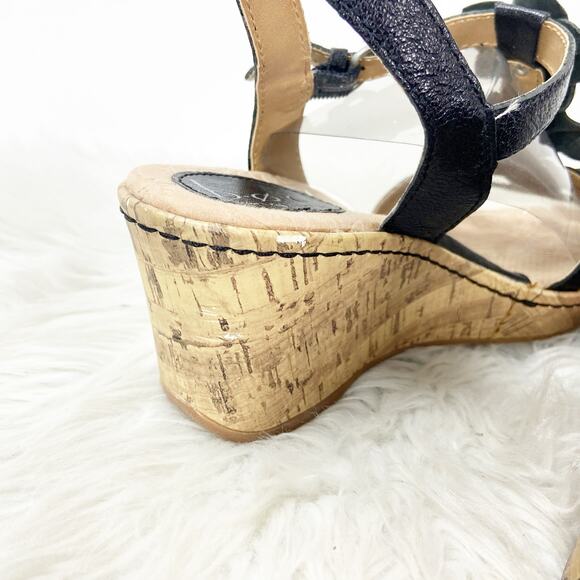 BOC Born Concepts 7 Women's Black Leather Floral Wedge Heel Ankle Strap Sandal - Picture 5 of 14